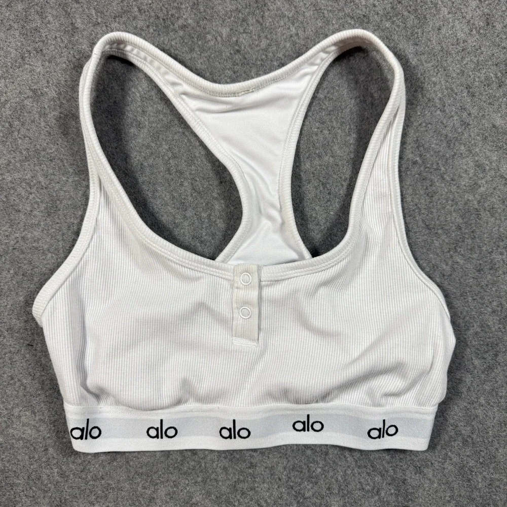 Alo Yoga Sports Bra Womens S White Wellness Henley Ribbed Racerback Logo Band